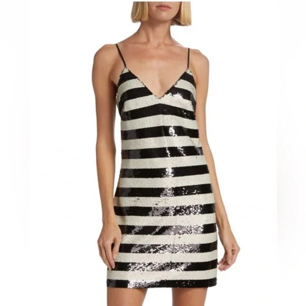 L'Agence Elora Sequin Stripe Mini Dress Black Ivory Gold Slip SZ 0 NWT